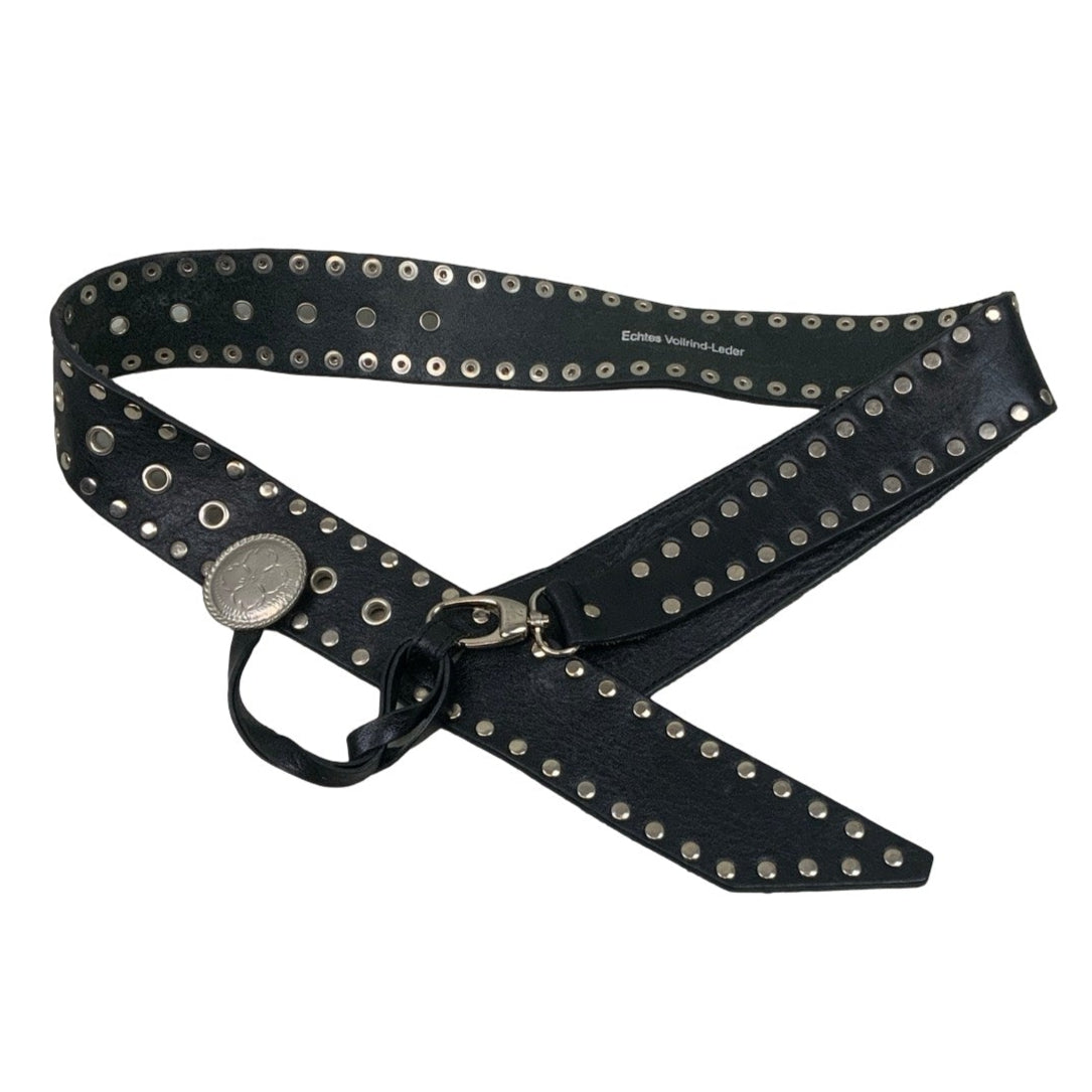 Vintage 90s Black Studded Leather Silver Coin Cowboy Punk Buckle Belt