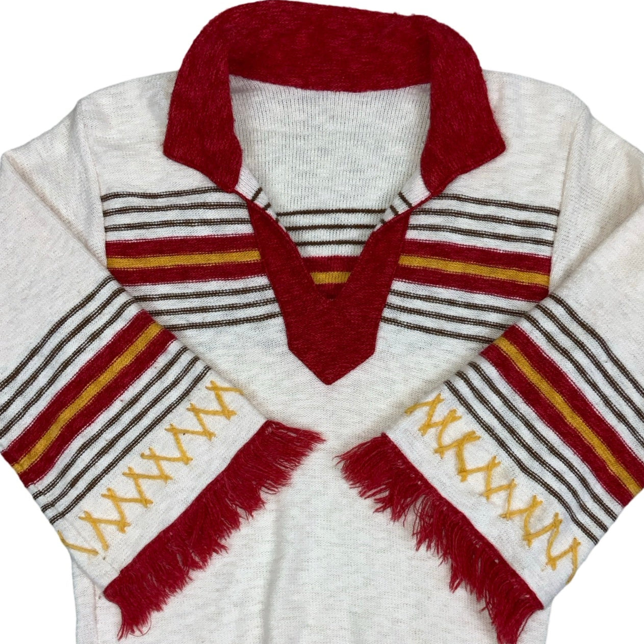 Vintage 80s White Red Yellow Brown V-Neck Tassel Jumper Top 8 10