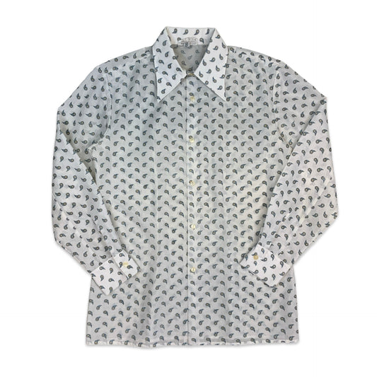 70s White & Blue Abstract Print Dagger Collar Shirt M