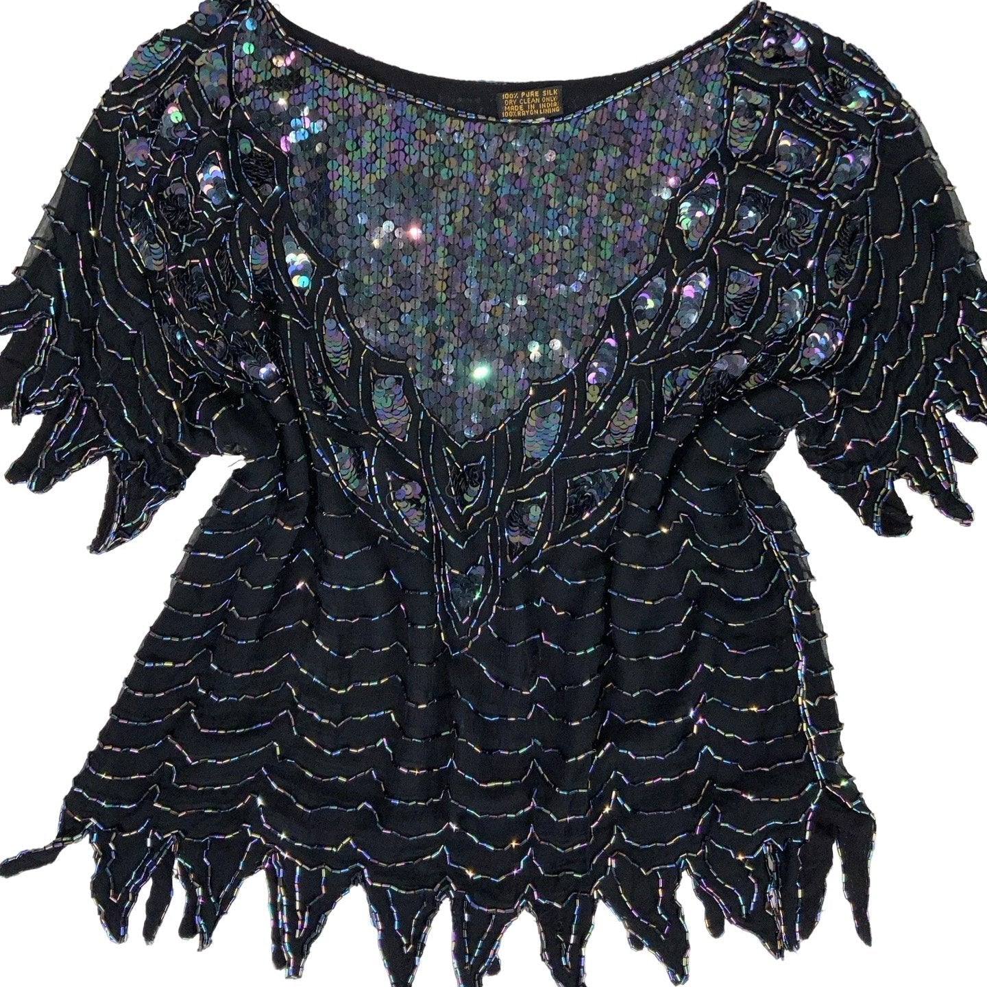 Vintage Black Iridescent Sequin Bead Blouse Top S 10 12