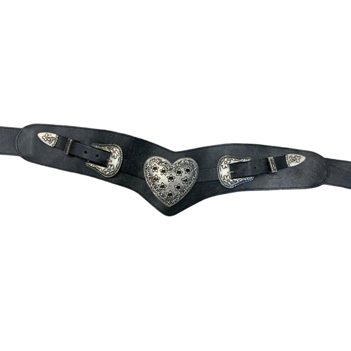 Vintage Black Western Leather Silver Heart Buckle Belt