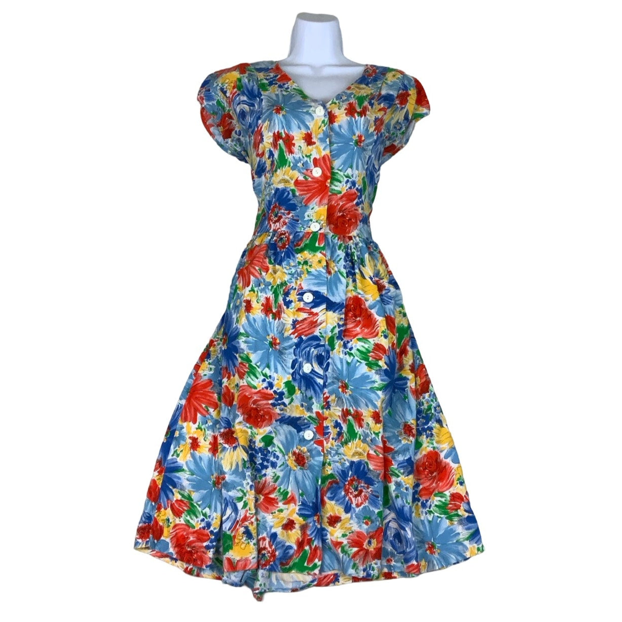 Vintage 80s Red Blue Yellow Green Floral Summer Dress 10 12