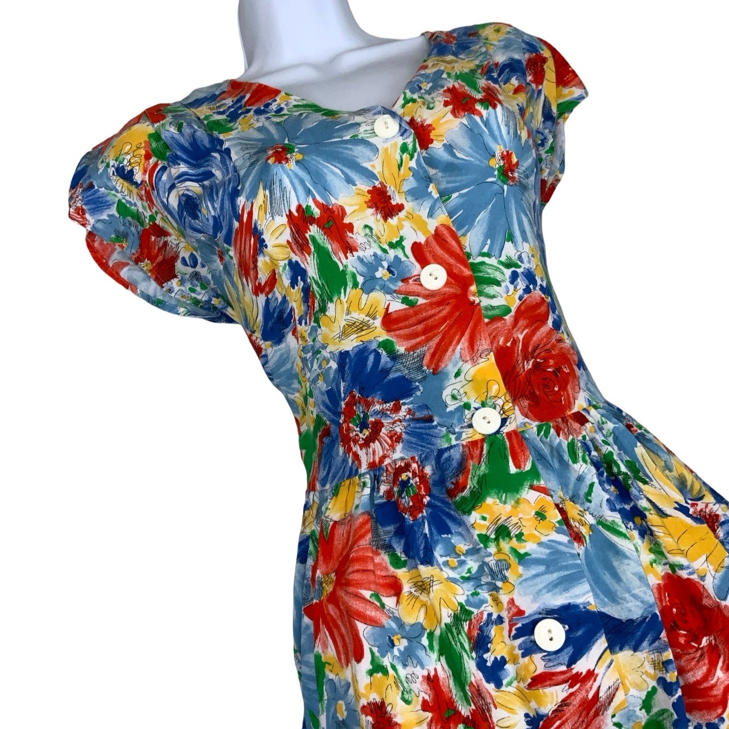 Vintage 80s Red Blue Yellow Green Floral Summer Dress 10 12