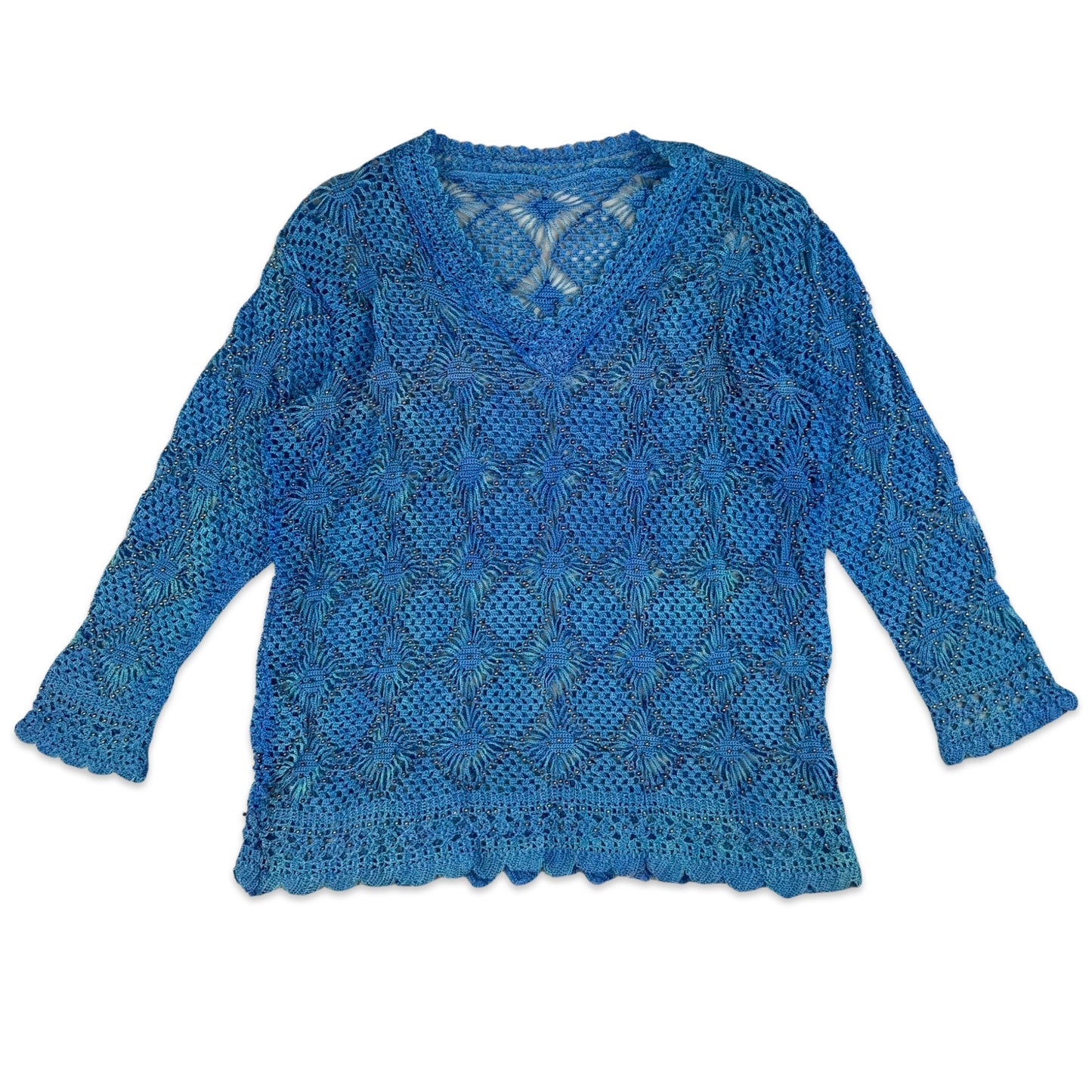 Vintage Blue Gold Crochet Sheer Tunic Top Dress