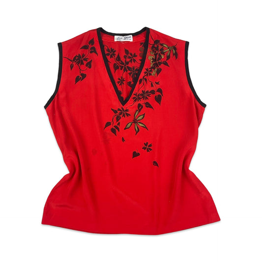 Vintage Red Silk Vest Top with Black & Gold Floral Print 8 10 12 14