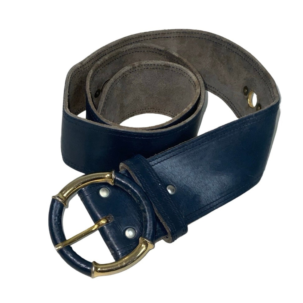 Vintage 80s 90s Blue Gold Leather Circular Buckle Belt