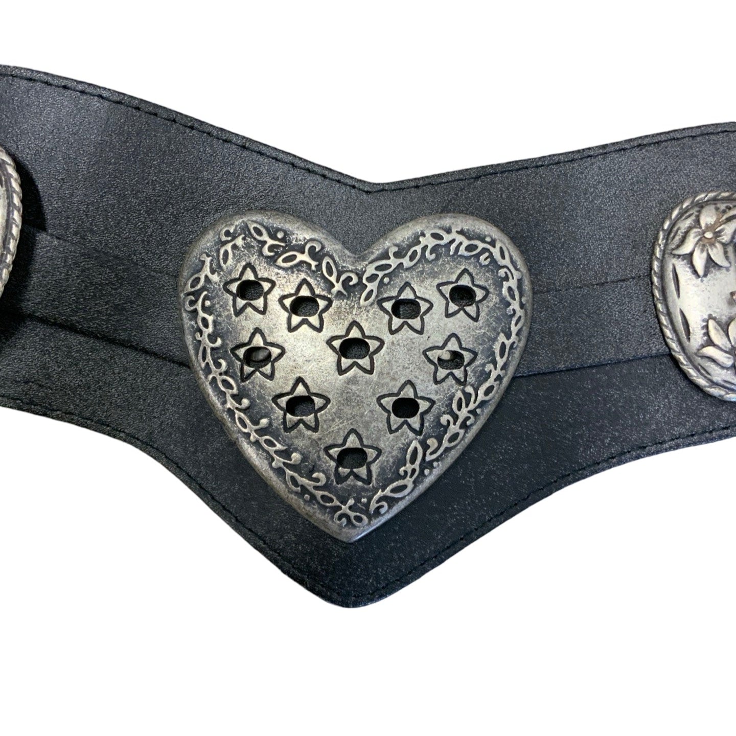 Vintage Black Western Leather Silver Heart Buckle Belt