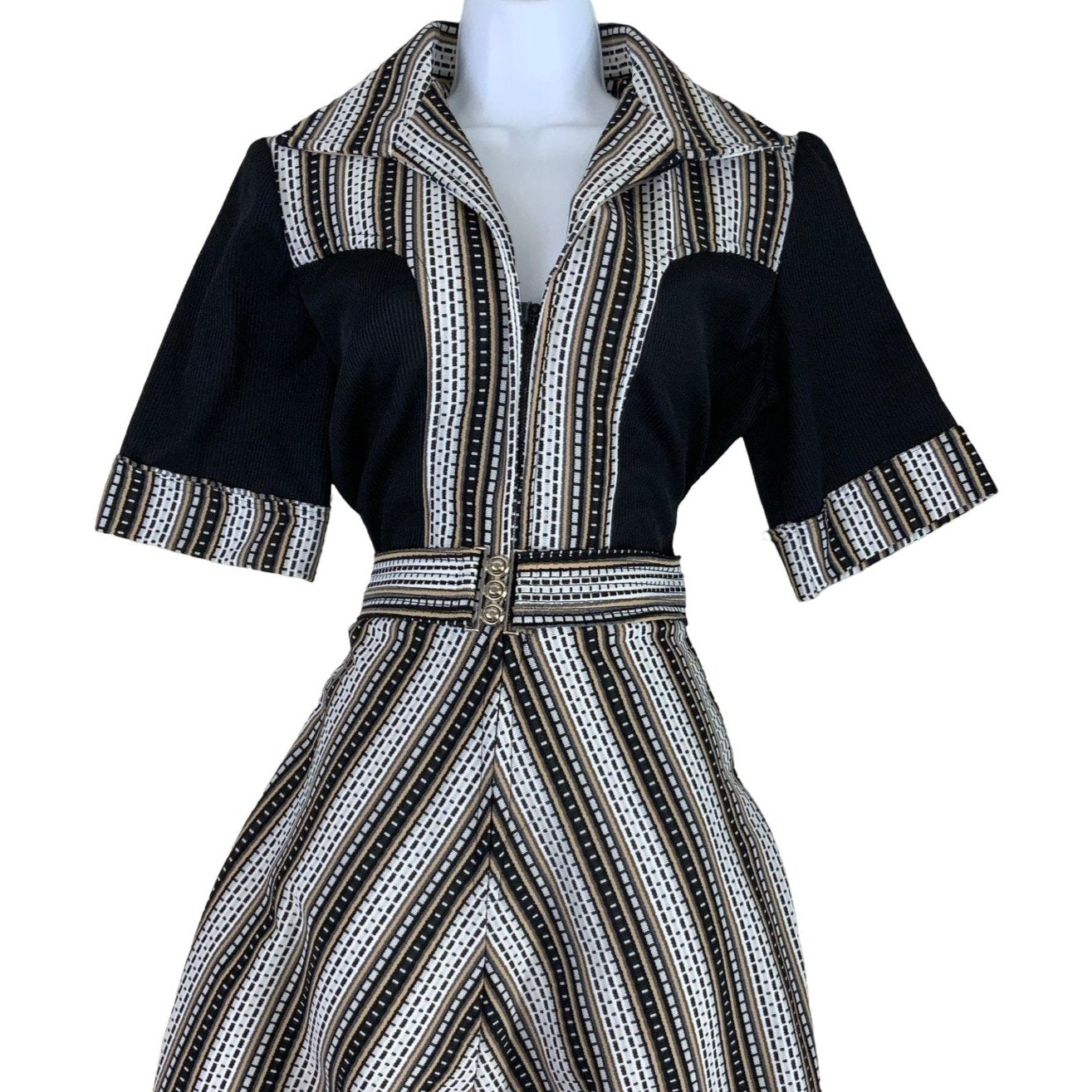 Vintage 60s 70s Black Beige Aline Wing Collar Dress 10 12 14