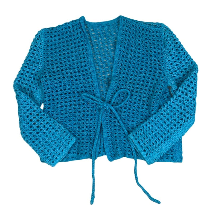 Vintage 80s Blue Crochet Tie Cropped Cardigan 12 14