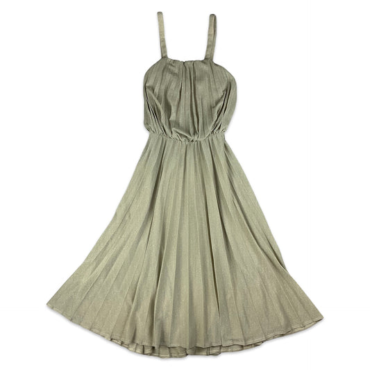 Vintage Champagne Gold & Silver Pleated Midi Dress 6 8 10
