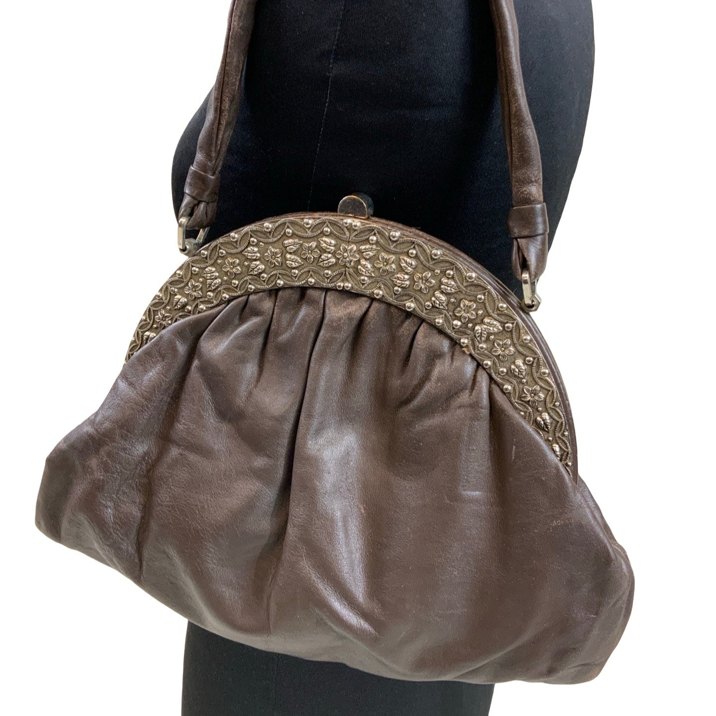 Vintage 80s Brown Leather Silver Snap Closure Ornate Design Handbag