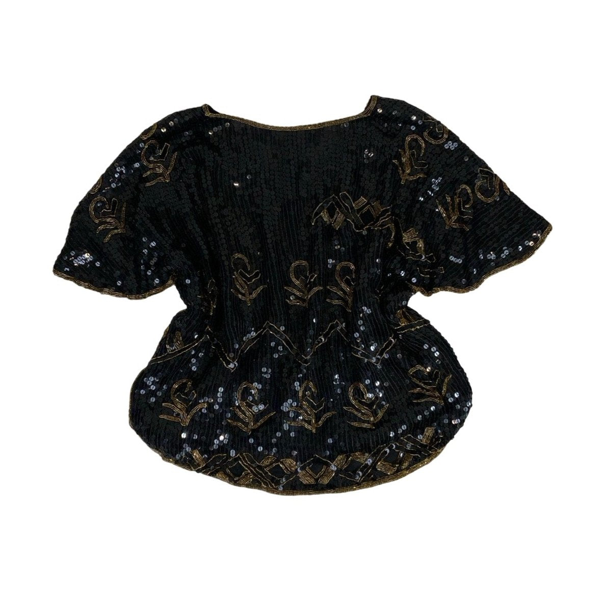 Vintage Black Sequin Gold Bead Blouse Top M L 14 16