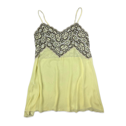 90s Yellow Sheer Slip Dress with Floral Embroidery