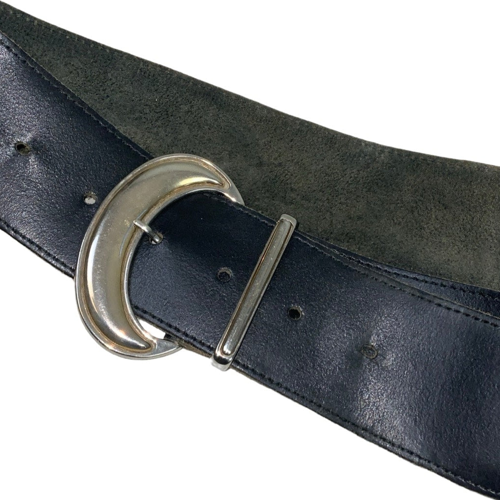 Vintage 80s 90s Black Leather Silver Buckle Belt