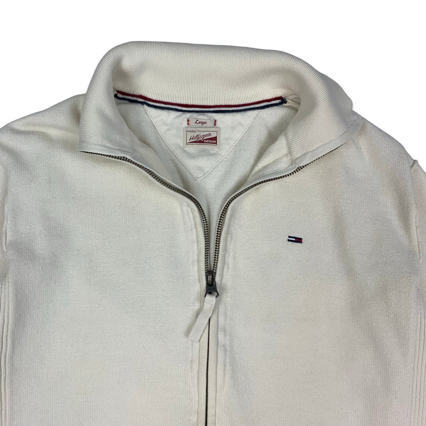 80s White Tommy Hilfiger Zip Up Knit L