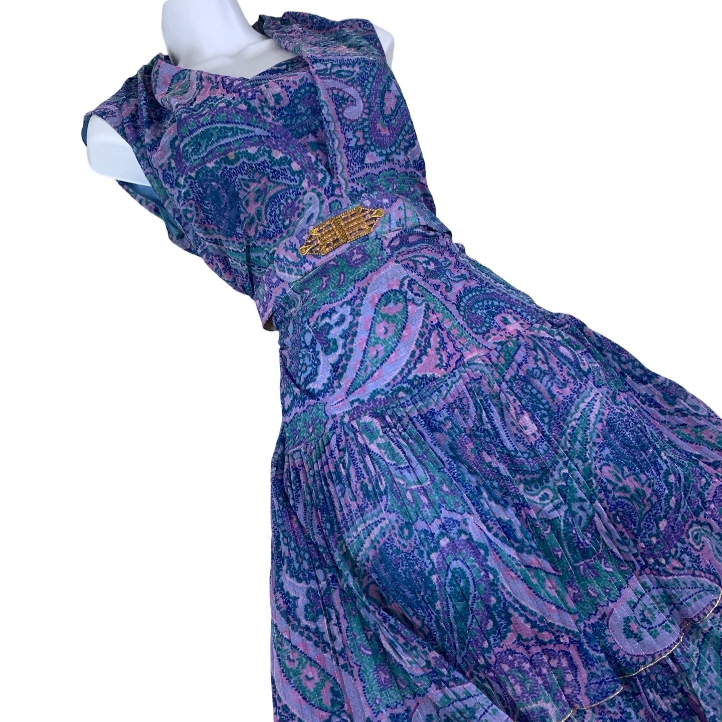 Vintage 60s 70s ‘Création Lima Exclusiv’ Purple Green Pink Blue Tiered Maxi Dress 8 10