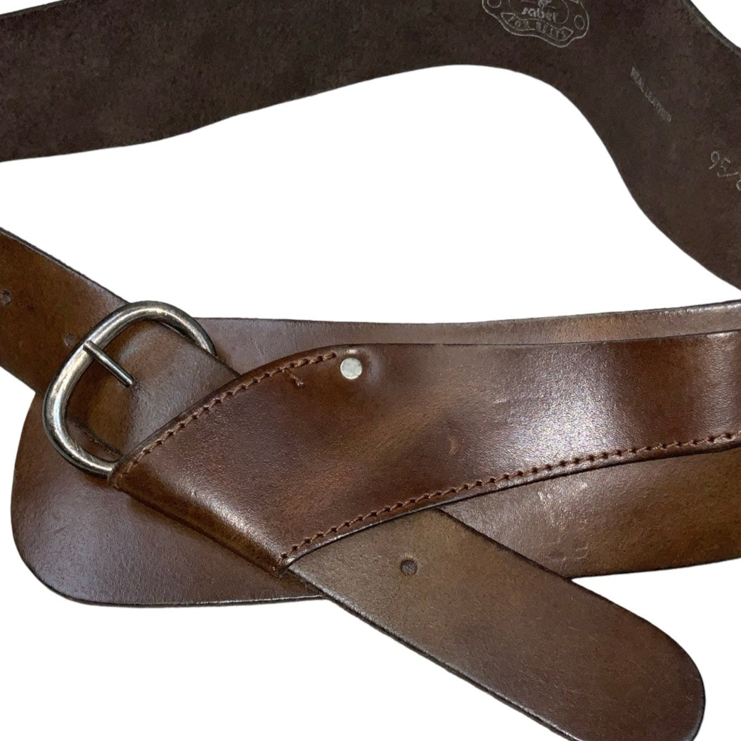 Vintage 80s 90s ‘Sabel’ Thick Brown Leather Asymmetric Buckle Belt