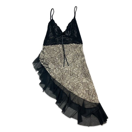 90s Y2K Black & Beige Sheer Lace Asymmetric Hem Slip Night Dress