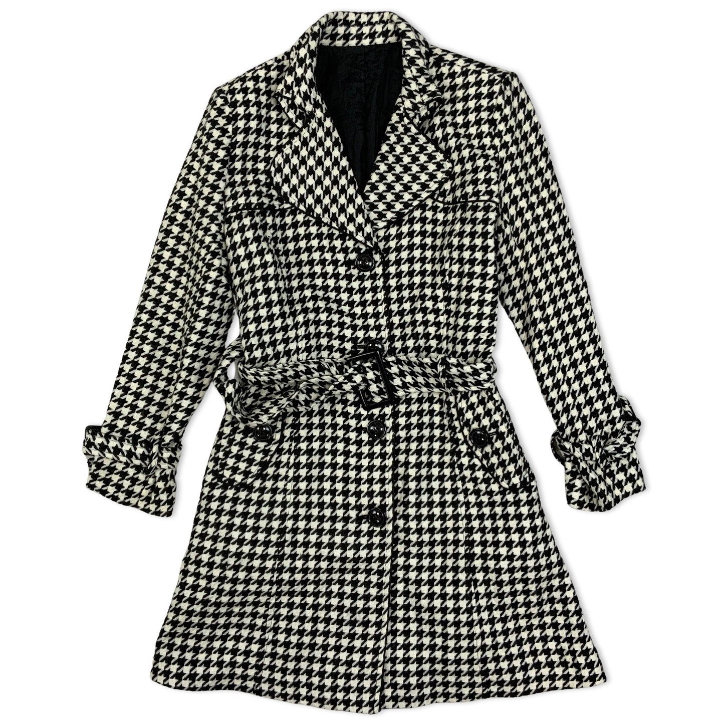 Vintage 90s Black and White Houndstooth check Belted Ladies' Coat 12