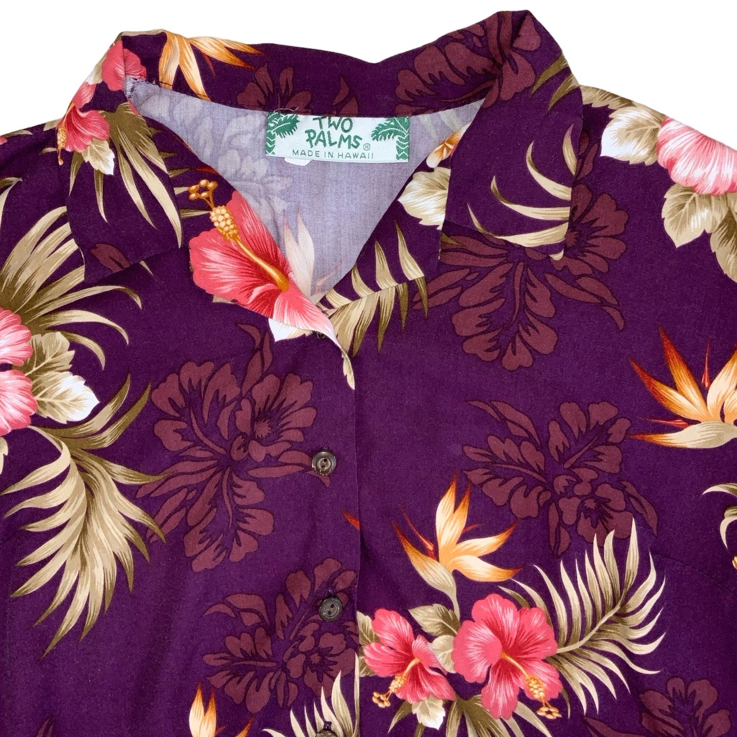 Vintage 90s ‘Two Palms’ Hawaiian Purple Floral Short Sleeve Crop Blouse M L