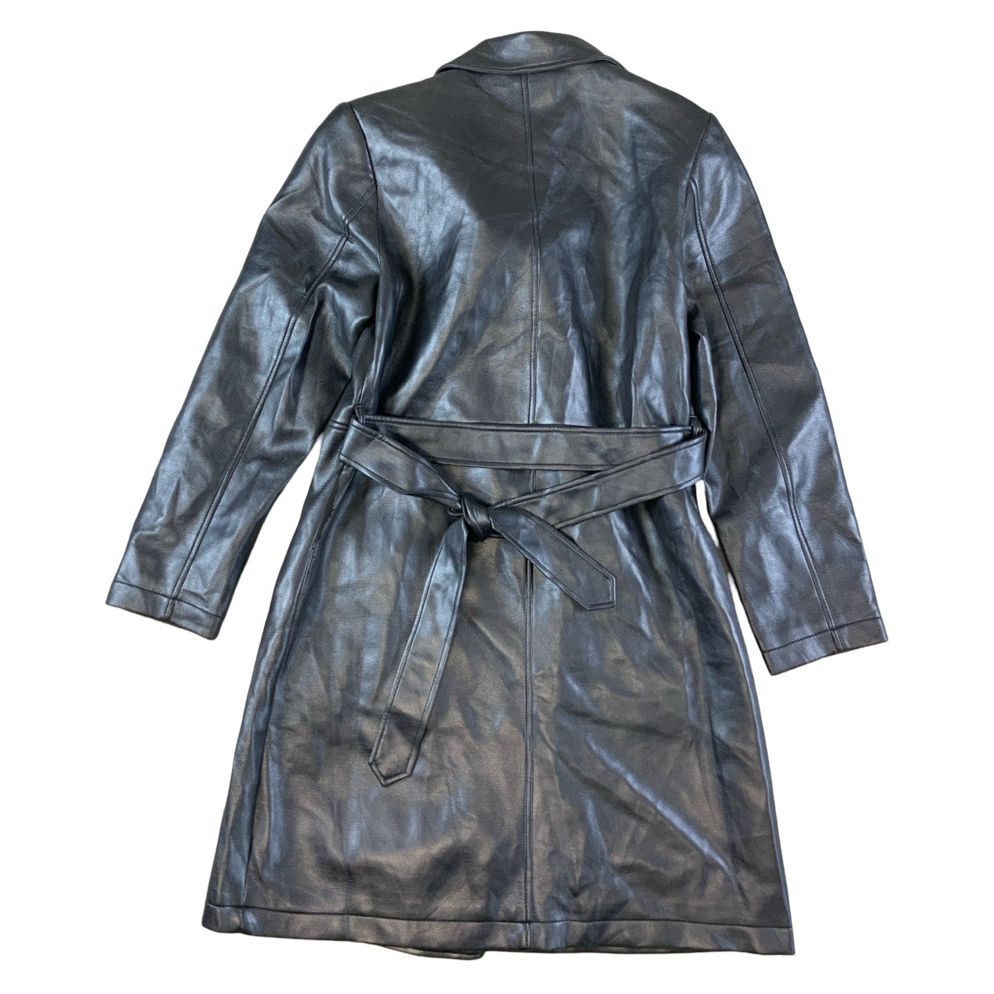 Vintage ‘Nouveau Edition’ Charcoal Silver Camp Collar Double Breasted Trench Leather Coat Jacket S 10 12