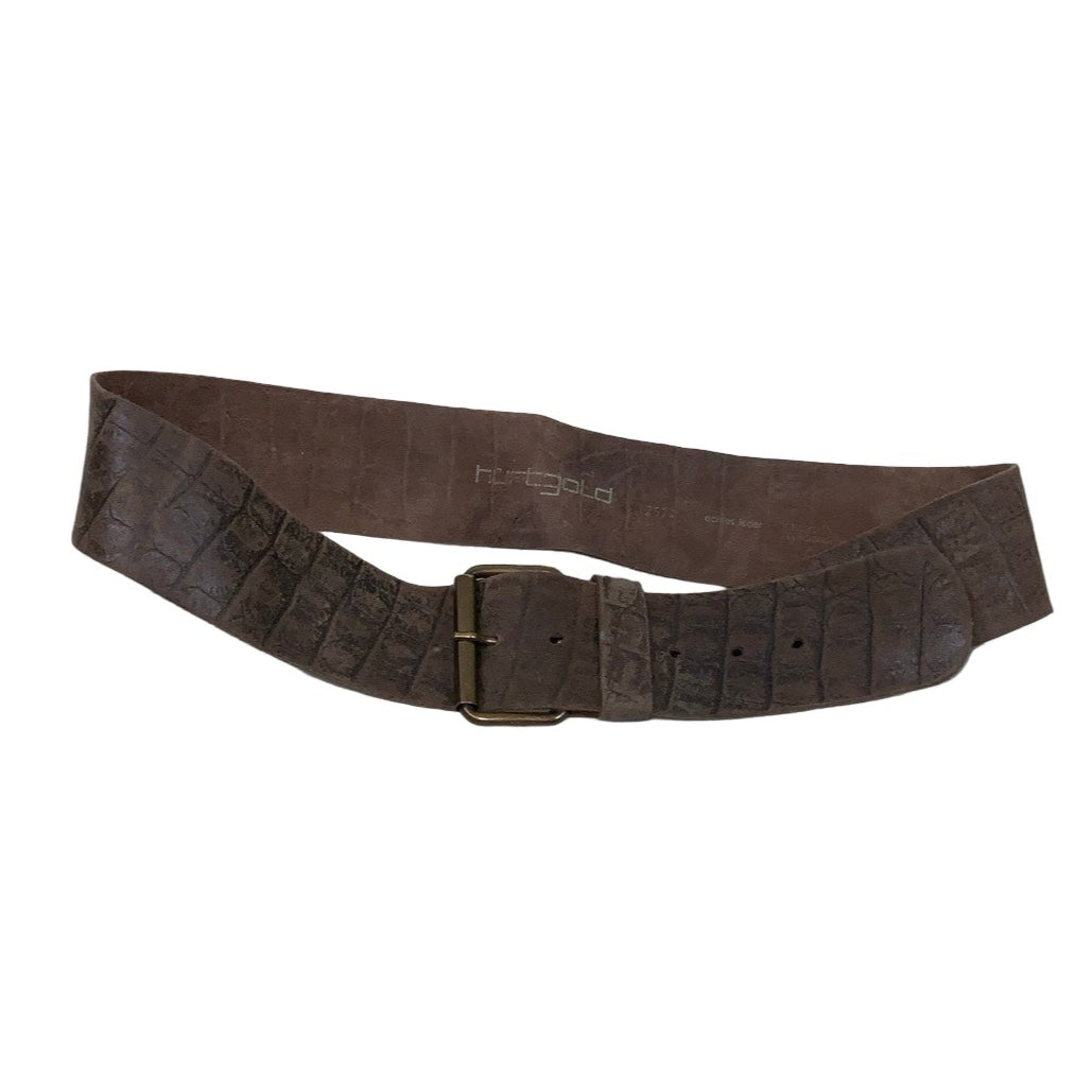 Vintage 90s 00s ‘Huft Gold’ Brown Suede Croc Embossed Leather Buckle Belt