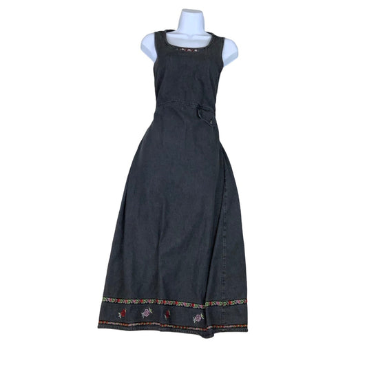 Vintage 90s ‘Erica & Co’ Black Denim Embroidered Maxi Summer Dress 12 14