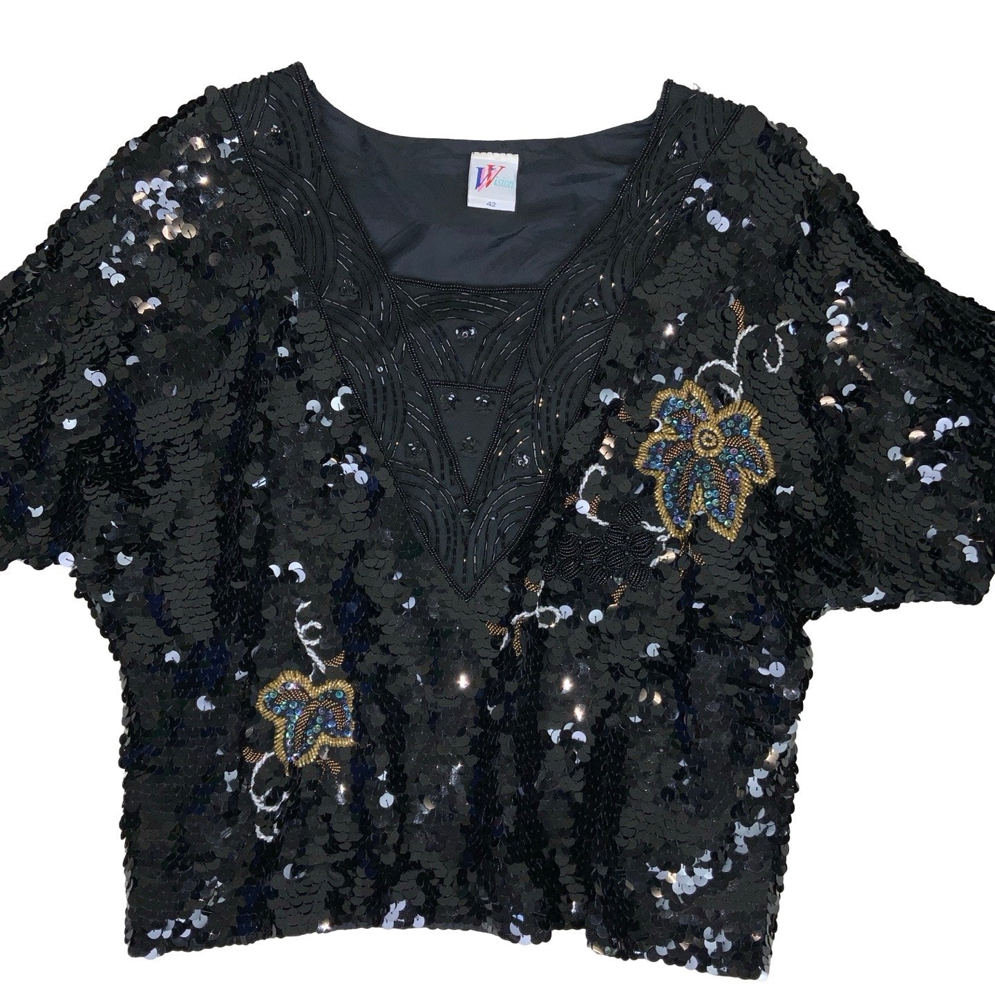 Vintage ‘Vision C&A’ Black Bead Sequin Batwing Blouse Top M 14 16