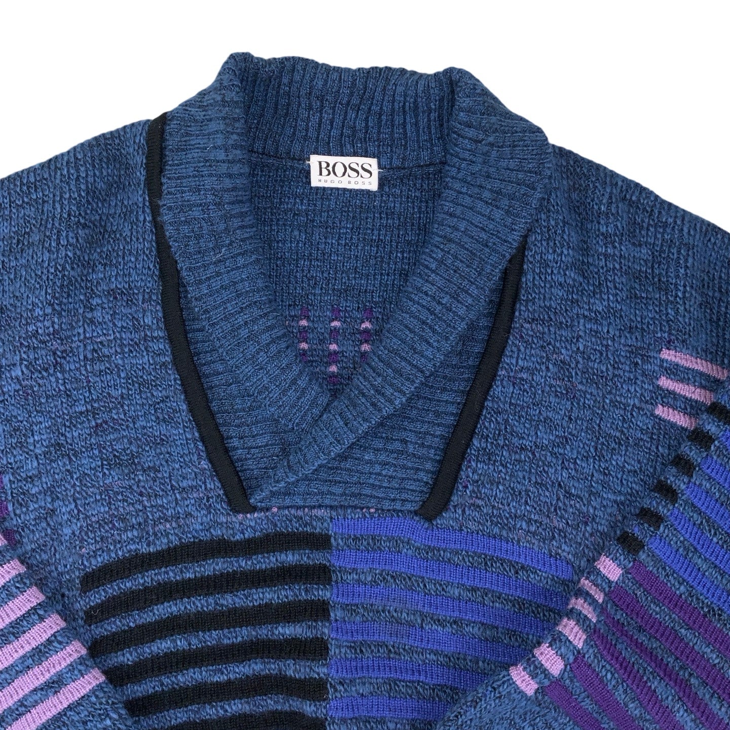 Vintage ‘Hugo Boss’ Blue Purple Striped V-Neck Jumper L XL