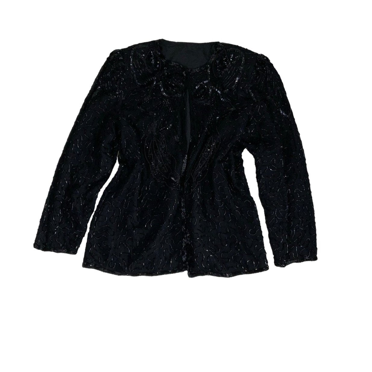 Vintage Black Sheer Botanical Beaded Blazer S 10 12