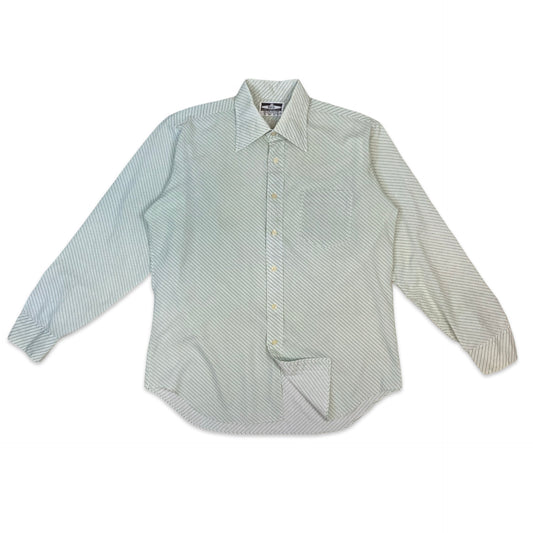 70s White & Green Striped Dagger Collar Shirt L