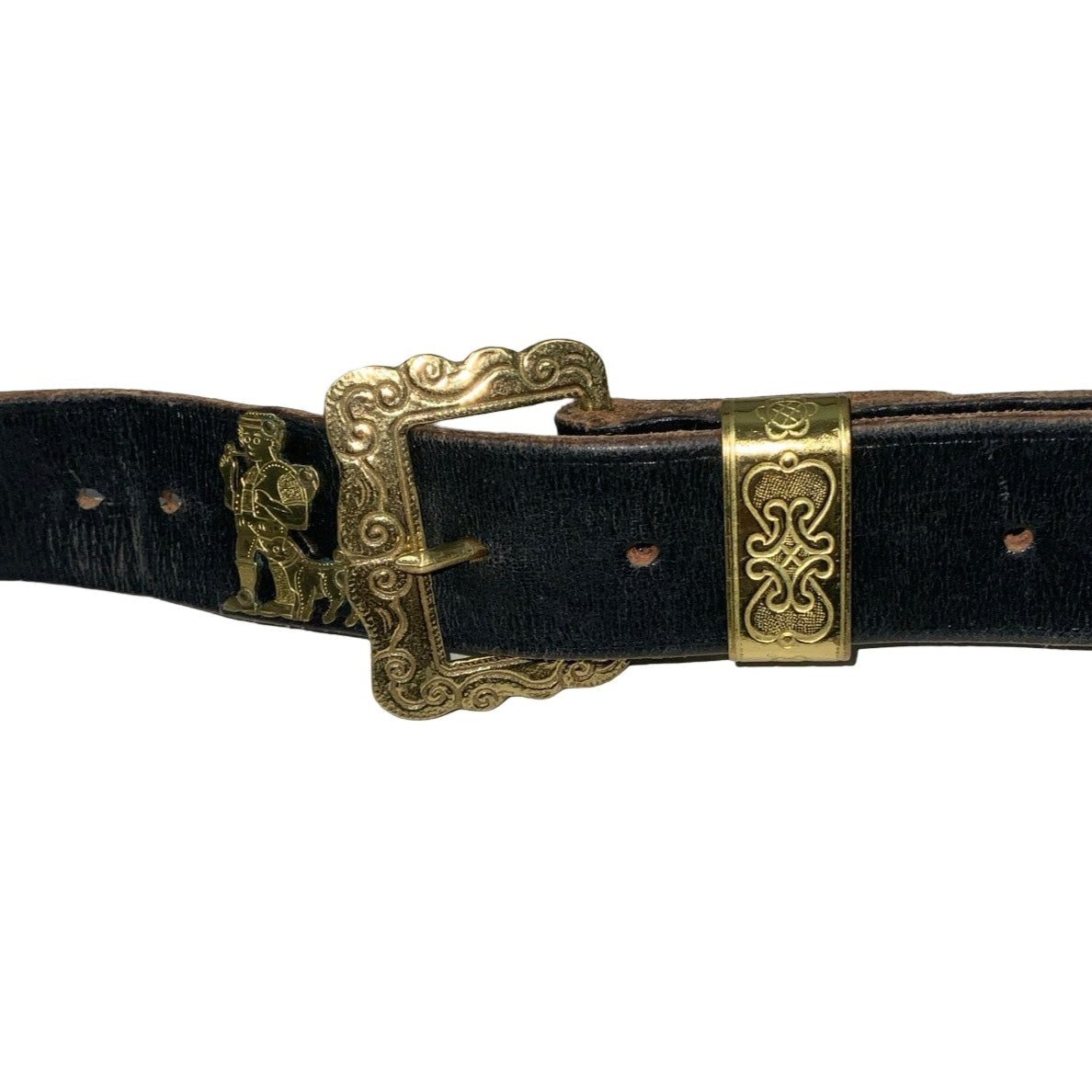 Vintage 'Appenzeller Gurt' Swedish Thin Black Leather Novelty Gold Mule Studded Buckle Belt