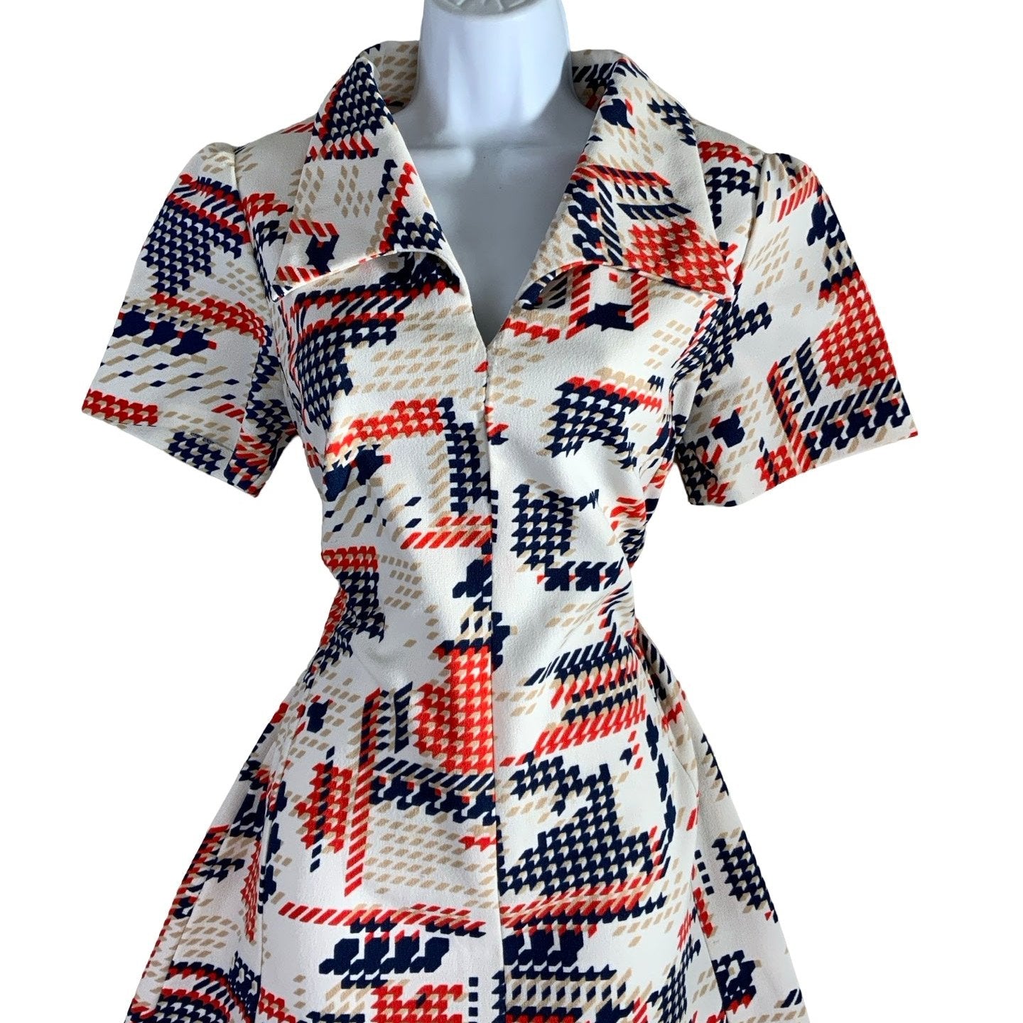 Vintage 60s 70s White Red Blue Shirt Dress 8 10 12