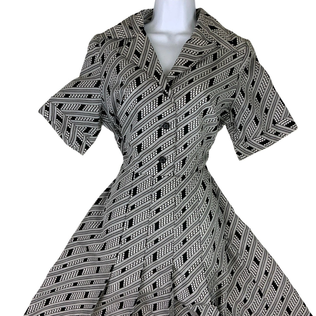 Vintage 60s 70s Black White Camp Collar Shift Dress 12 14 16