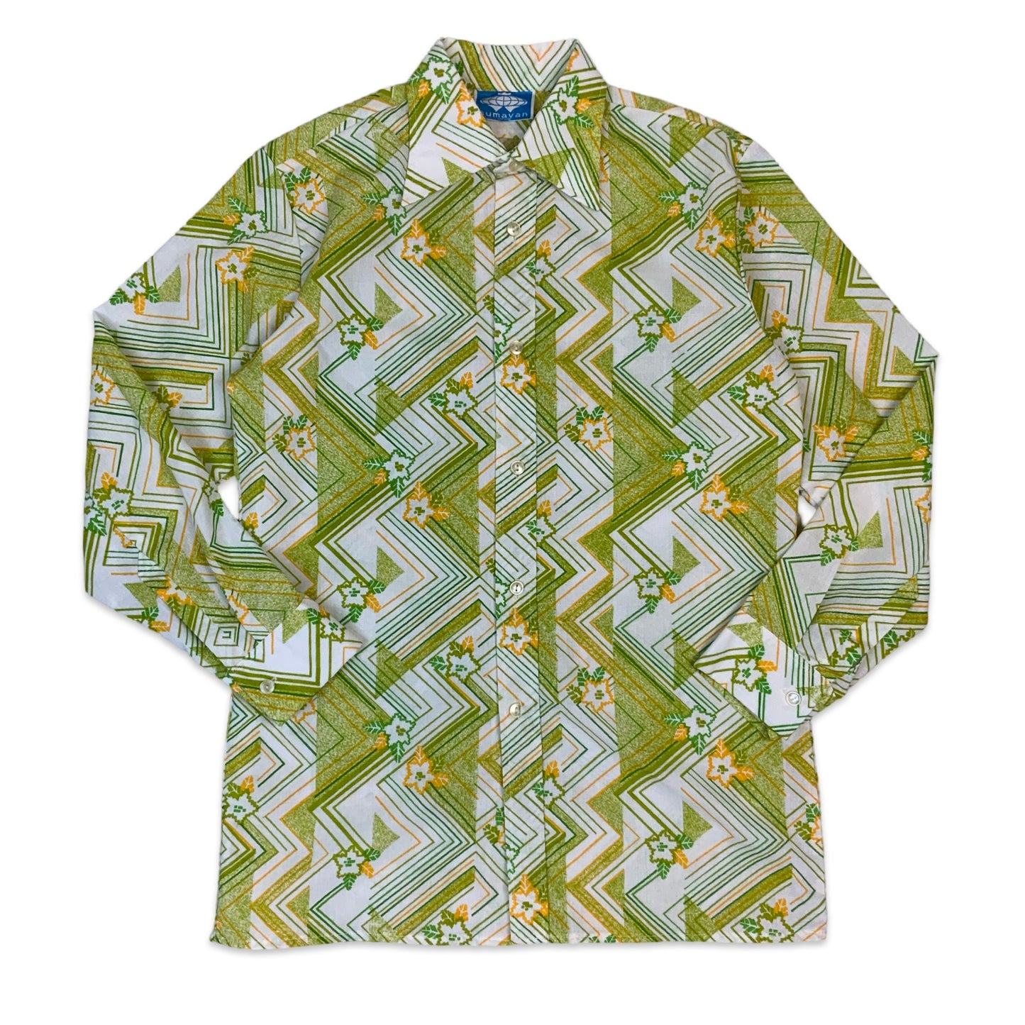 70s Green White & Orange Geometric Print Dagger Collar Shirt XS S