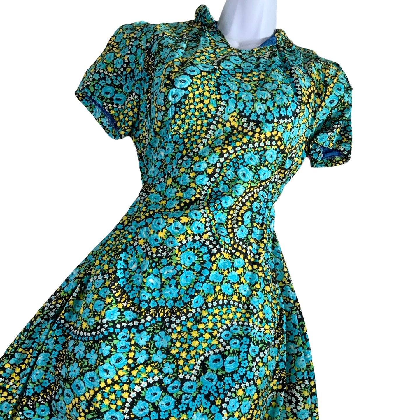 Vintage 60 70s Blue Yellow Floral Open Collar Shift Dress 10 12