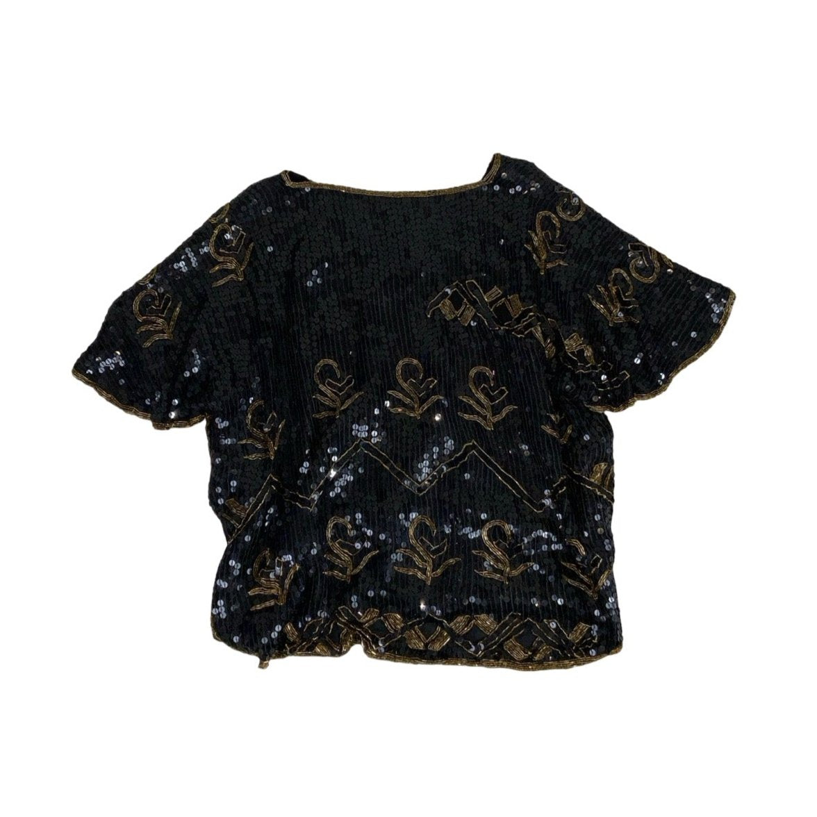 Vintage Black Sequin Gold Bead Blouse Top M L 14 16