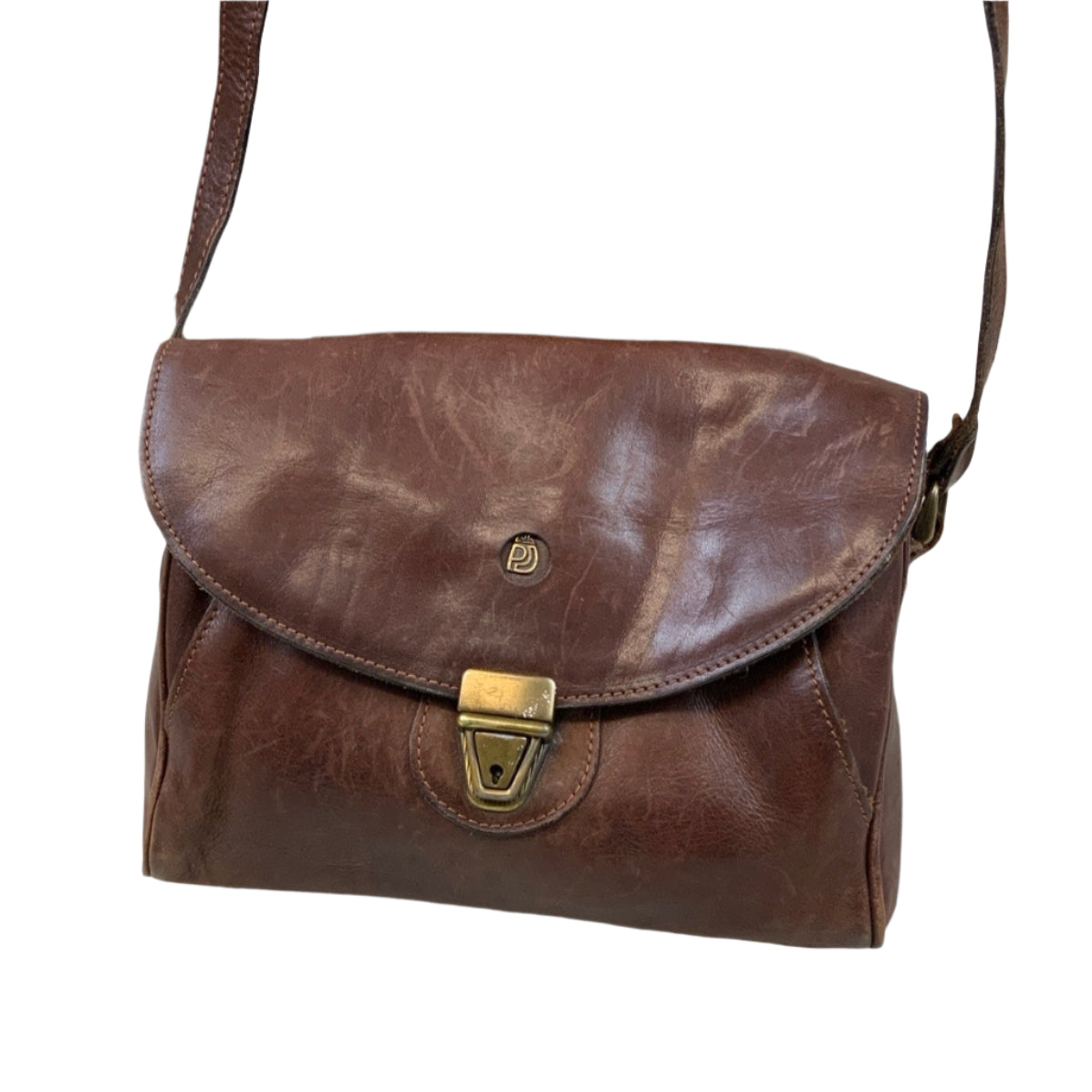 Vintage 80s 90s 'P.J' Brown Leather Tuck Lock Square Shoulder Bag