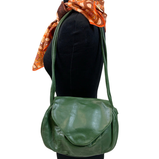 Vintage Green Leather Push Button Closure Rushed Slouch Shoulder Handbag