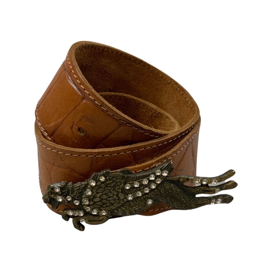 Vintage Diamanté Animal Brown Leather Buckle Belt