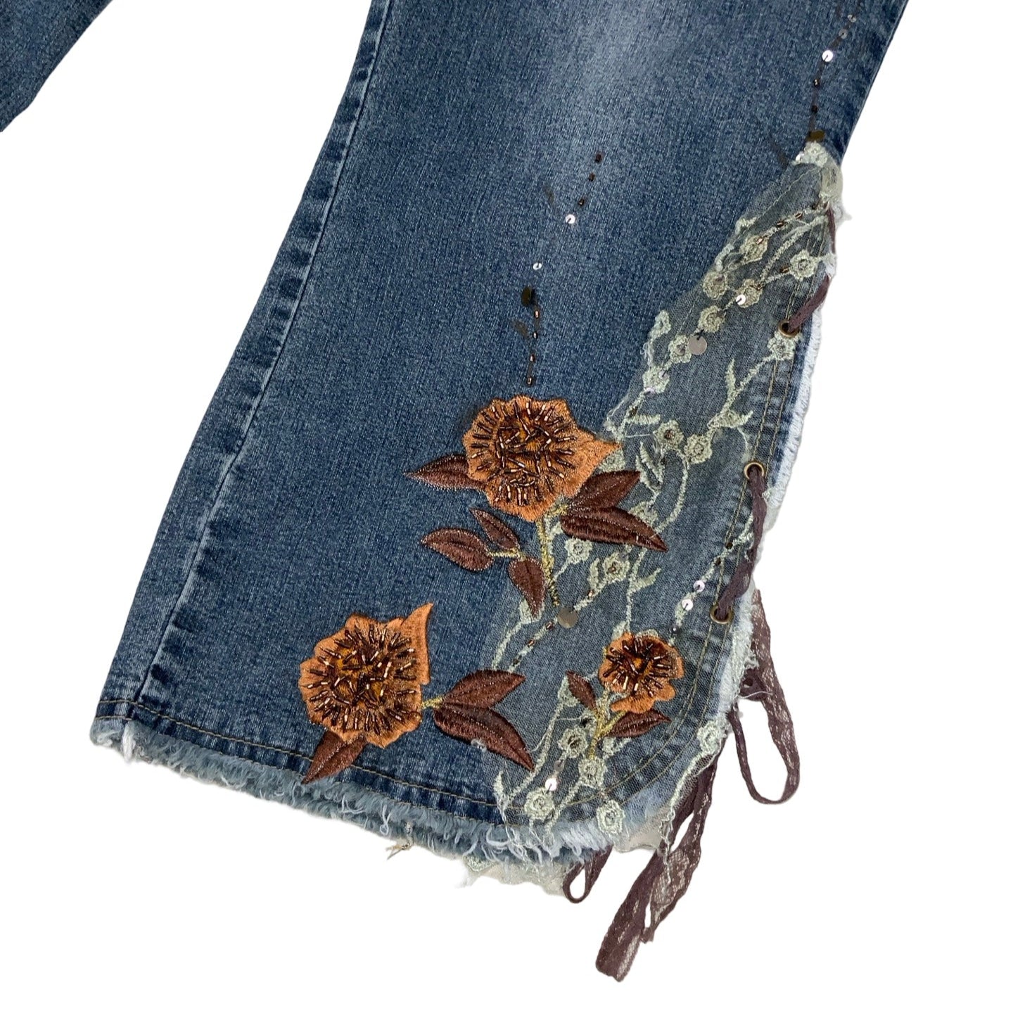 Vintage 90s Zeng Yang Jeans Wear Denim Collection Floral Lace 3/4 Denim Jeans 10 35W 34L