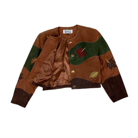 Vintage 80s ‘Dino’z’ Brown Green Botanical Patchwork Embroidered Crop Statement Suede Leather Jacket 12 14