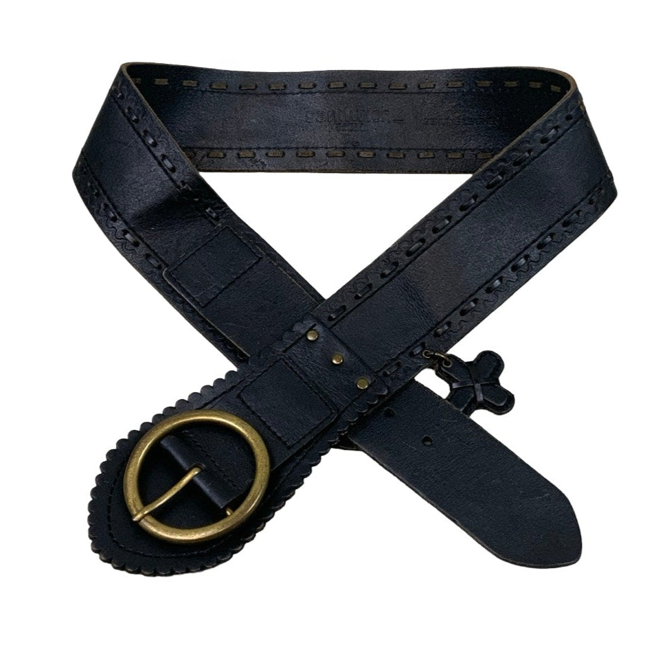 Vintage 90s 00s y2k 'Sandwich' Thick Black Leather Stitched Cross Attachment Buckle Belt