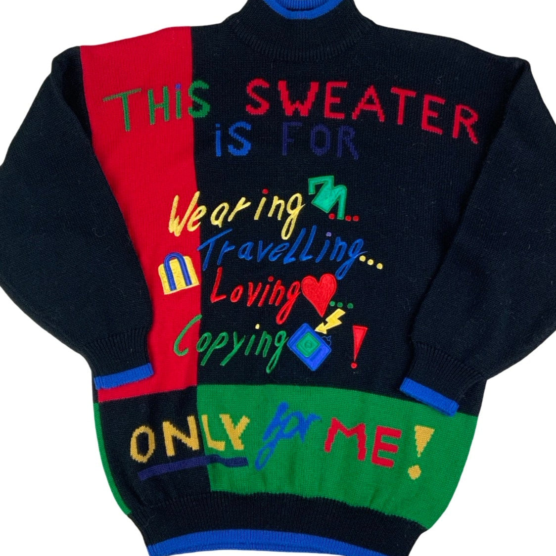 Vintage 80s ‘Yoúng Fashion’ Spell-Out Black Green Red Embroidered Sweater Jumper 12 14