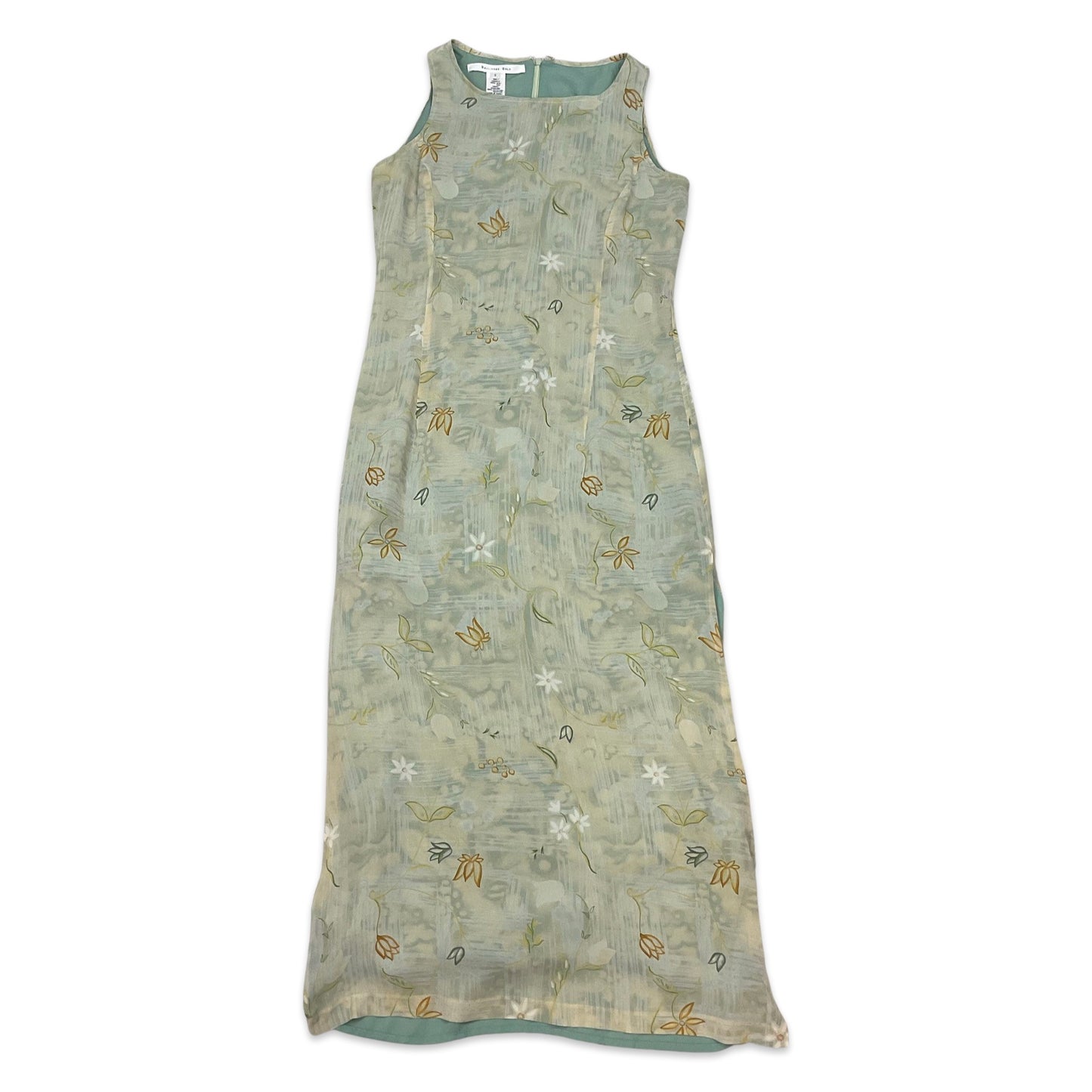 Vintage Pastel Green Floral Maxi Dress with Side Slits 10 12