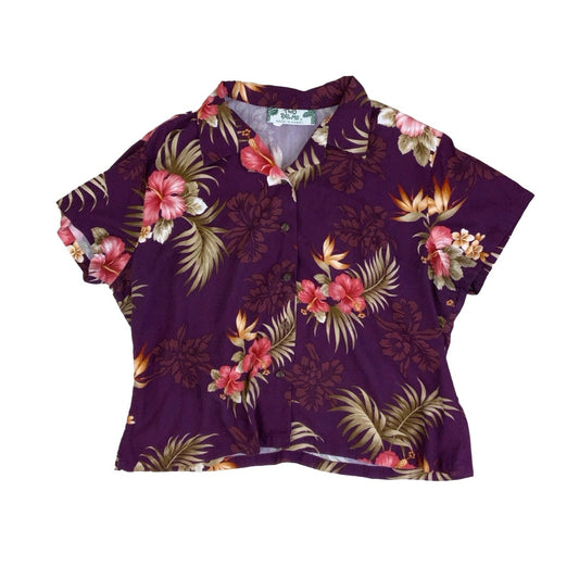 Vintage 90s ‘Two Palms’ Hawaiian Purple Floral Short Sleeve Crop Blouse M L