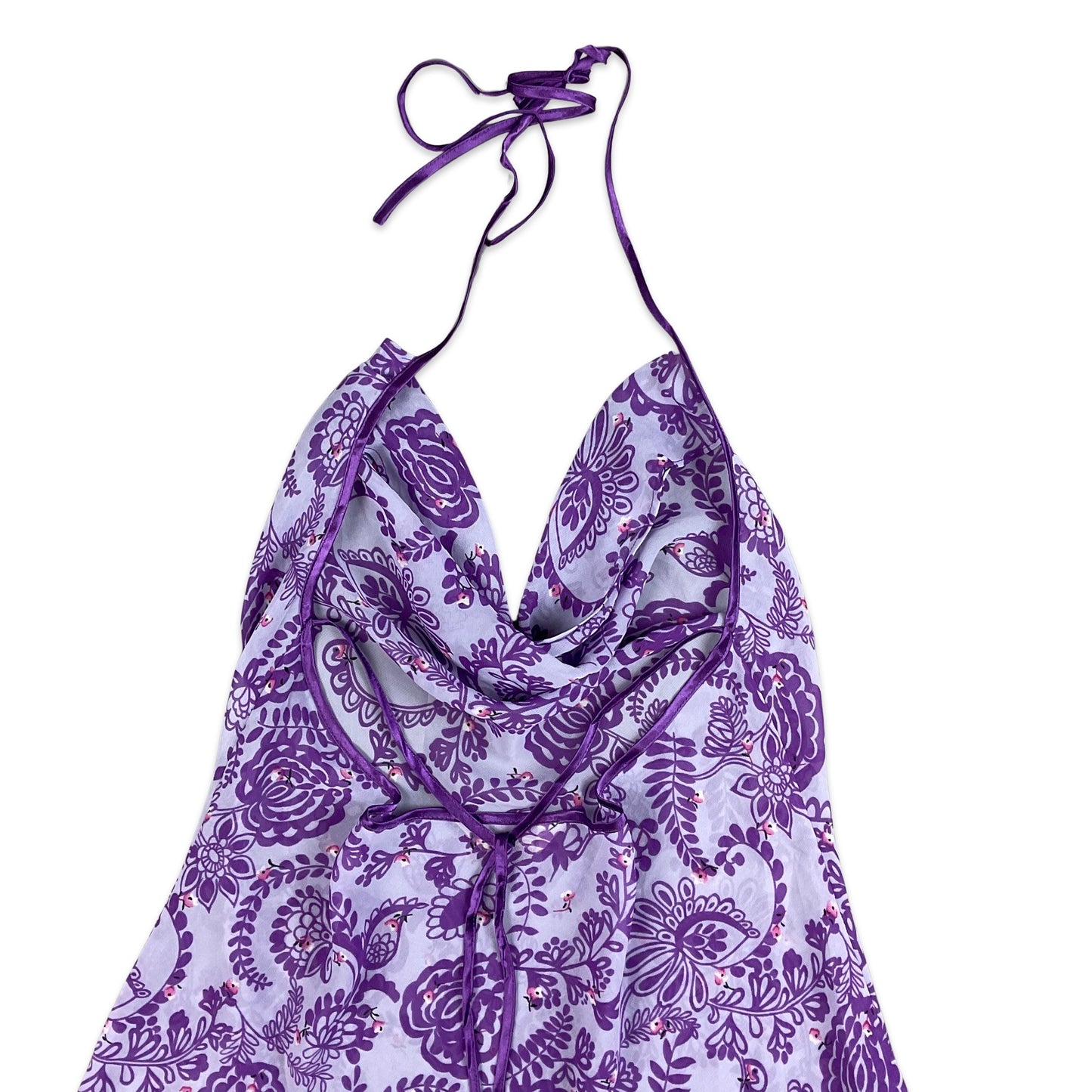 Y2K Pastel Purple Lilac Floral Cowl Neck Sheer Midi Dress 10 12 14