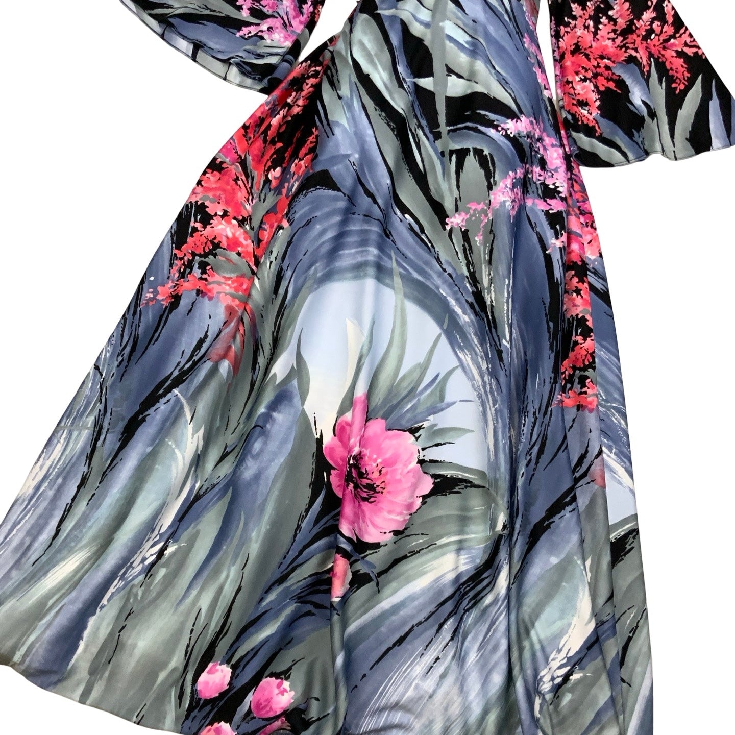 Vintage 70s 'G.G. Lorch' Blue Grey Pink Floral Bell Sleeve Aline Maxi Dress 12 14