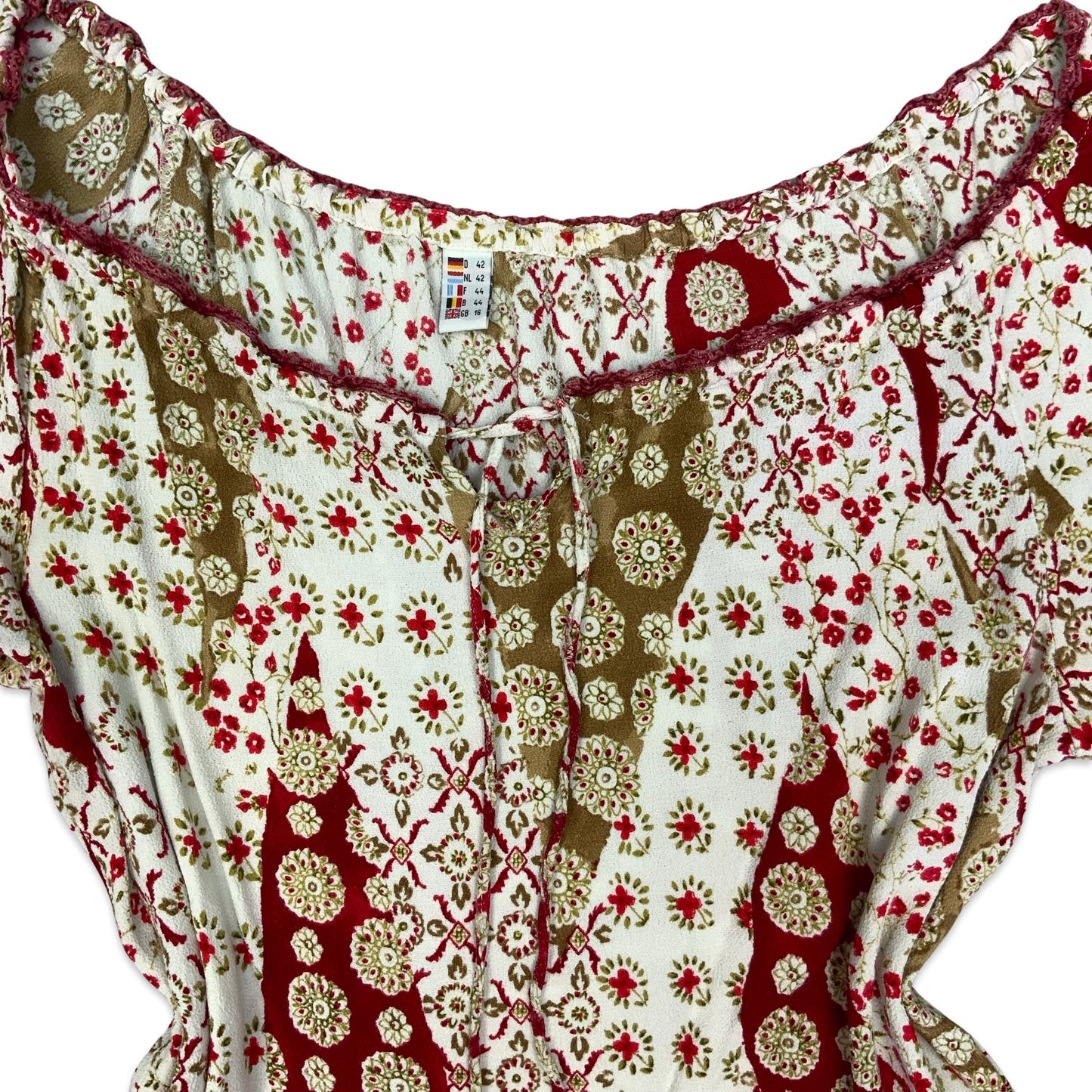 Vintage White Khaki & Red Floral Boho Top 16