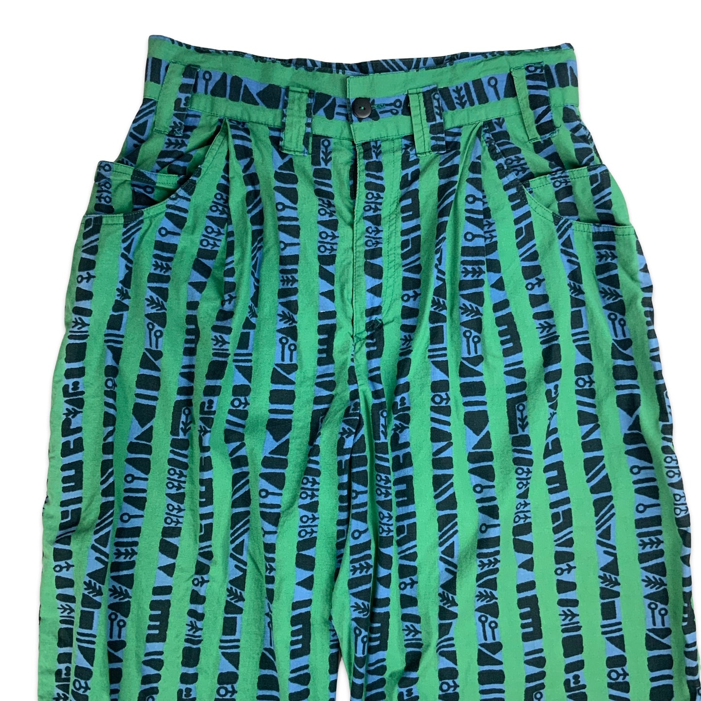 80s Green & Blue Print Wide Leg Trousers 10 12 14
